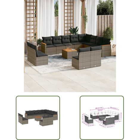 The Living Store 13-tlg. Garten-Sofagarnitur mit Kissen Grau Poly Rattan - Gartenmöbel Set - Esszimmergarnitur - Outdoor Möbel - Lounge Sofa - Rattan Gartenmöbel (1/3)