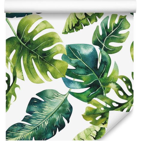 Papel pintado de hojas tropicales en tonos verdes para salón y dormitorio, 50x1000 mm. (1/5)