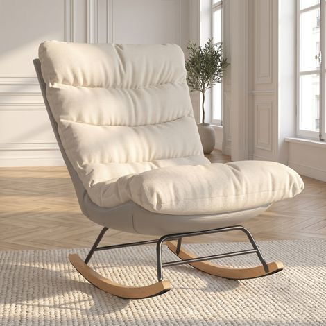 ADWOLT Fauteuil à Bascule,Rocking Chair avec coussins épais, Dossier réglable, pieds en bois et métal, beige , lin,83x72x93 cm