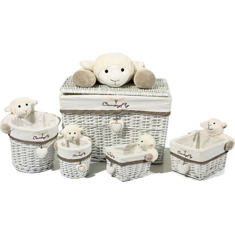 Set 5 cesti in vimini bianco Sheep I con baule portaoggetti, tema pecorella (1/3)