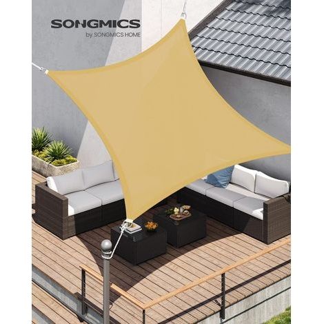 4 x 4 m Sonnensegel, Sonnenschutz aus atmungsaktivem, wasserdurchlässigem HDPE-Gewebe, für Terrasse, Garten, Balkon, Camping, quadratisch, konkav, sandgelb (1/4)