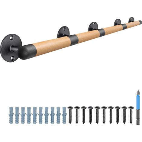 Main courante en bois de 170 cm pour escalier intérieur - Fixation sur cloison sèche - Avec supports métalliques robustes, barre d'appui sans barrière pour personnes âgées, 3,3 cm de diamètre (1/5)