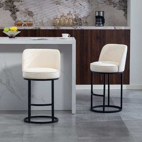 Set aus 2 Barhockern, runde Barstühle, 46,5x49,5x88,5cm, Metallgestell, moderner minimalistischer Stil, geeignet für Familienbars und Esszimmer, Leinen, Beige