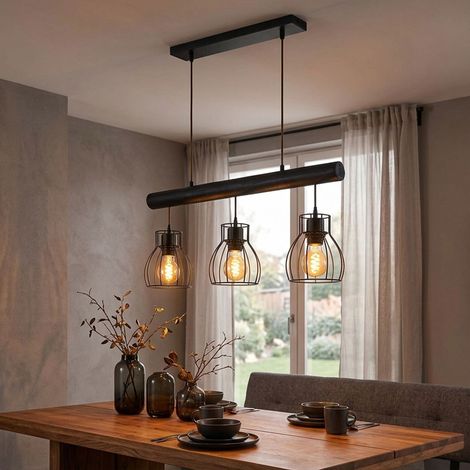 Lampada a sospensione vintage con asta di legno Lampada a sospensione retrò in legno con paralumi in reticolo nero, gabbia in metallo, 3 prese E27, AxLxL 140x60x13,6 cm (1/5)