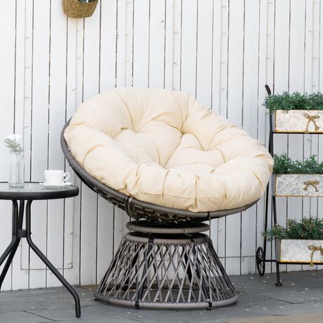 Fauteuil Papasan, fauteuil en osier, coussin d'assise, rotin synthétique, pivotant, structure en métal, 87 x 97 x 86 cm, beige