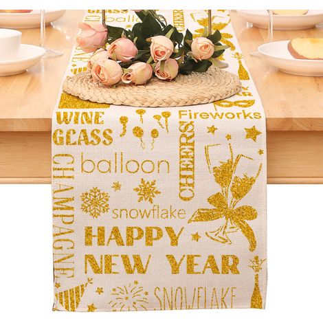Chemin de table « Bonne année », nappe noire et or à pois et étoiles, décoration pour la maison et la cuisine, ambiance champêtre, linge de table en toile de jute pour les fêtes d'hiver 2026 (1/5)