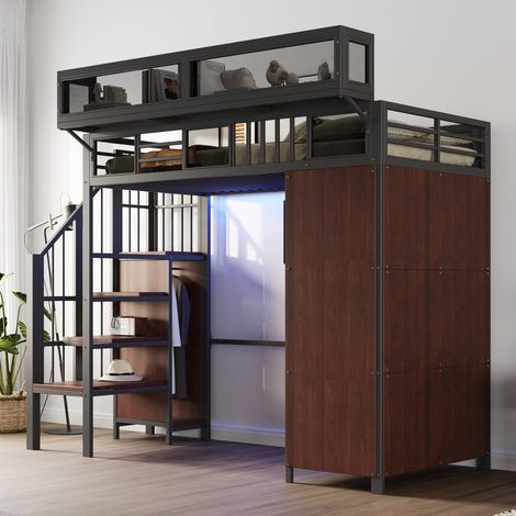 Lit mezzanine 90 x 200 cm métal avec dressing, échelle, led et garde-corps filet, étagères amovibles, noir (1/5)