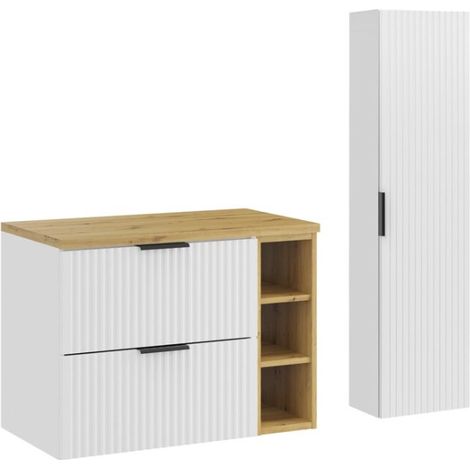Badezimmer-Set NOXERA 80 cm – Hängender Waschtischunterschrank mit Waschtischplatte, offenen Fächern und Säule