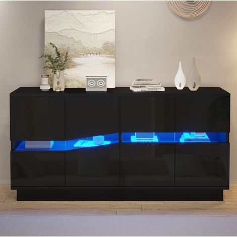 MODFU – Buffet 140x35x70 cm panneaux et acrylique – LED Bluetooth, 4 portes push-to-open et étagères – Charge 30 kg, 2 colis – Salon – Noir brillant (1/5)