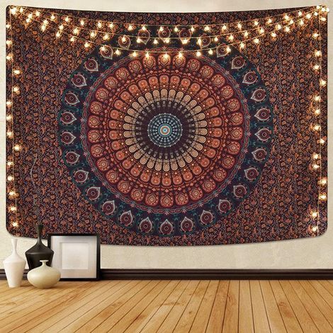 Tapisserie murale indienne style hippie bohème psychédélique, motif paon mandala, pour literie et décoration, dimensions 150 x 200 cm, sans éclairage intégré (1/5)