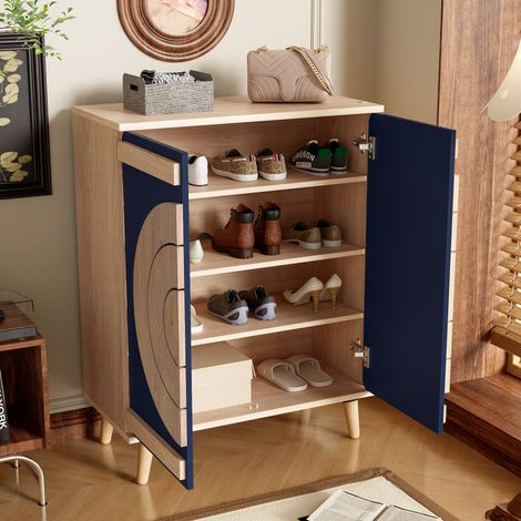 Mobile Scarpiera con 2 Ante geometriche Rotonde, 4 Ripiani, Stile Moderno, in Pannello truciolare, Blu, 76×37×98,5 cm (1/5)