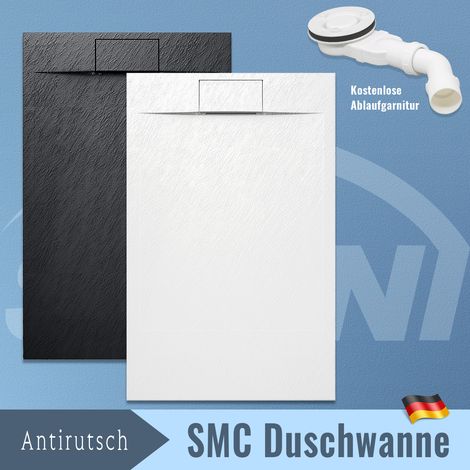 Duschtasse 90 Duschwanne Flach SMC für Duschkabine Badezimmer Schiefer-Textur inkl.Ablaufgarnitur,Antirutsch,Schneidbaren Design 140x90cm Schwarz (1/5)