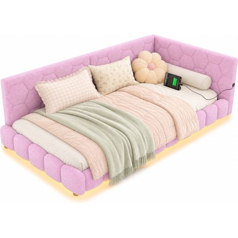 Divano letto singolo 90x200 cm con luce ambientale LED a 16 colori, porta USB e Type-C, senza materasso, rosa, design moderno per camera da letto - CHICFURN (1/5)