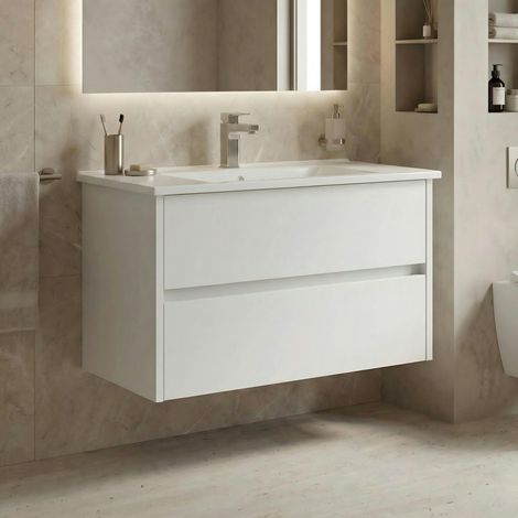 Meuble vasque suspendu 85 cm blanc 2 tiroirs NAÏA (1/4)