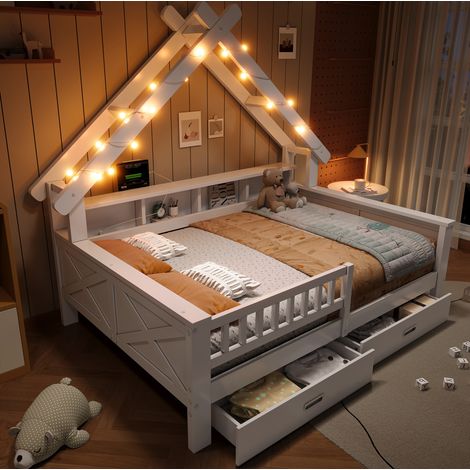 Lit cabane enfant 140x200 cm blanc avec LED, étagères, tiroirs et barrière (1/5)