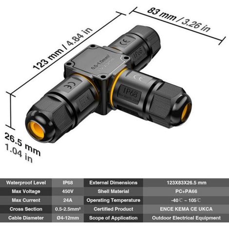 Connecteurs de câbles étanches - - IP68 - 3 voies - Ø6-11mm - 4 pièces - Résistant aux UV - Ignifuge (1/4)