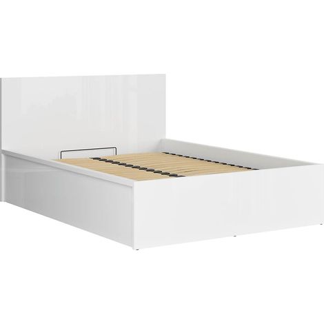 Lit coffre 140x200 avec sommier et rangement, coloris Blanc brillant - Longueur 204,5 x Profondeur 149 x Hauteur 95/40,5 cm (1/5)