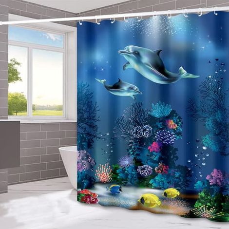 BelleRise - Rideau de douche imperméable anti-moisissures motif tortues marines et dauphins bleu foncé 180200cm (1/5)