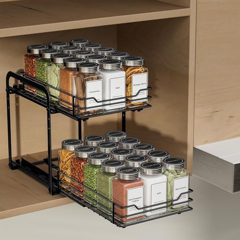 Étagère à Épices, Organisateur de Placard, 2 Niveaux Porte epice pour Rangement Placard Cuisine, Rangement Et Organisation De Cuisine, Noir P26.4L18.8H23CM