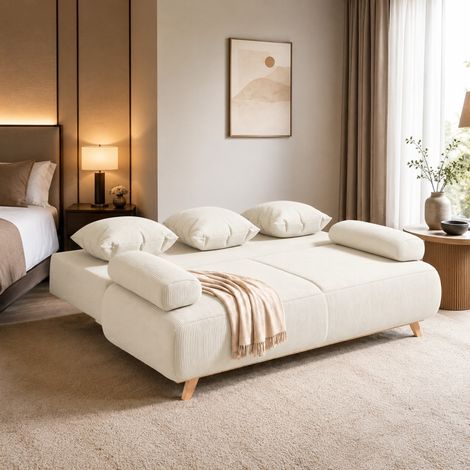 Divano letto con schienale regolabile, contenitore nascosto e rivestimento beige in corda OKMYHOME (1/5)