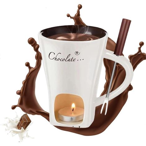 Mug à fondue au chocolat avec fourchette, tasse à fondre portable en céramique pour desserts au chocolat et au fromage (1/5)