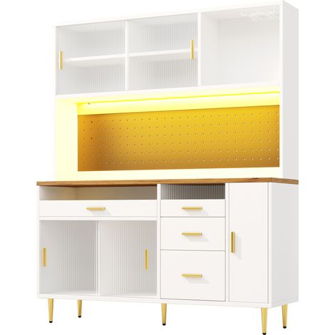 Hochschrank mit LED-Beleuchtung, höhenverstellbares Regalsystem, Glas-Schiebetüren, 145×39×171 cm, Weiß (1/5)