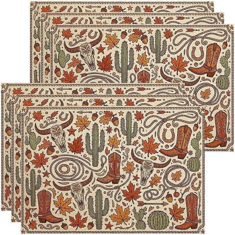 Set de 4 sets de table « Bottes de cowboy », style western rustique, avec cactus et feuilles d'automne, marron, lavables et antidérapants. Décoration rectangulaire. (1/5)