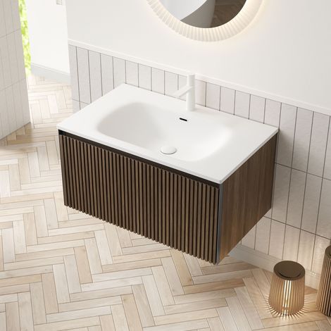 Waschbeckenunterschrank hängend 80 cm modern in Brauneiche mit weißem integriertem Waschbecken und 1 Schublade