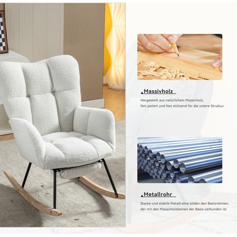 Fauteuil à Bascule Moderne en Tissu Teddy Doux, avec Pouf Escamotable Intégré, Coussin Moelleux, Teinte Blanche, pour Salon et Chambre, Confort Optimal (1/5)