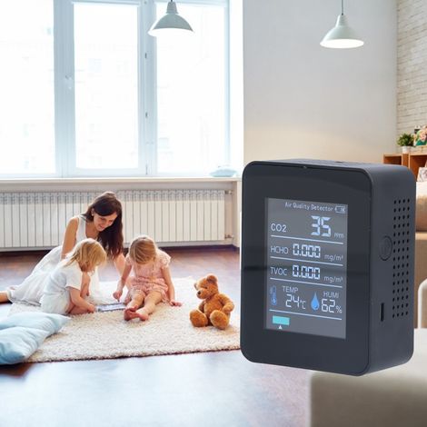 Intelligenter Luftqualitätsdetektor mit Digitalanzeige, 5 in 1, Kohlendioxid, Temperatur, Luftfeuchtigkeit, Formaldehyd, VOC-Detektor, Bluetooth-fähiger Luftreiniger, USB-aufladbar, schwarz. (1/5)
