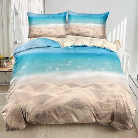 Bettwäsche-Set 200x200cm mit tropischem Strandmotiv, 3D-Druck, Mikrofaser, Reißverschluss
