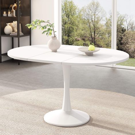 Table à manger extensible ovale 100-140 cm blanche, table de cuisine moderne en MDF, table repas gain de place pour salon (1/5)