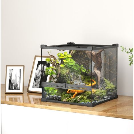Terrarium en verre pour reptiles 30 x 30 x 30 cm, fond surélevé et étanche noir HAVRYA (1/3)