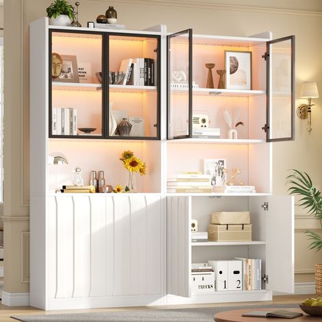 Ensemble de 2 vitrines, vitrines LED, armoire haute à portes vitrées, vitrine haute vitrée avec éclairage LED et compartiment ouvert, meuble de salon à portes vitrées, cuisine, entrée, blanc, 160 x 35 (1/5)