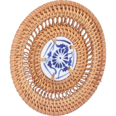 Porte-tasse rond en porcelaine bleue et blanche pour tasses Basil Cups - Rotin tressé - 10 cm (1/5)