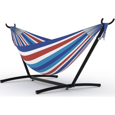 Hamac Double avec Support Réglable et Portable - Charge Max 160 kg - Sac de Transport - Intérieur & Extérieur - Rayé Bleu/Blanc (1/5)