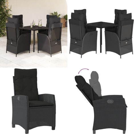 Set da Pranzo da Giardino 5 pz Nero con Cuscini in Polyrattan - Sedie da giardino reclinabili - Tavolo da giardino