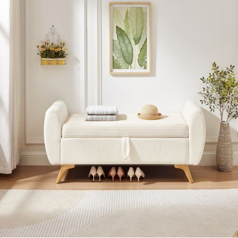 Banc coffre pliable en velours côtelé avec pieds en bois 145 x 51 x 57 cm beige (1/5)