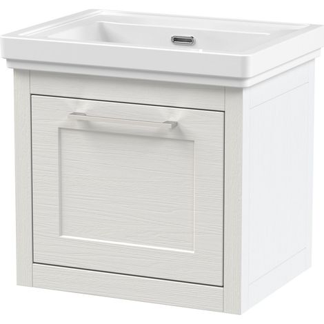 Blithbury Traditional Bathroom Wall Hung 1 Drawer Vanity Unit and 0 Tap Hole Fireclay Basin, 500mm, Woodgrain White