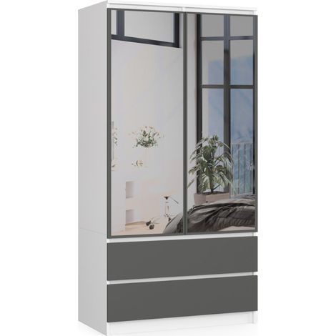 Akord – Armoire 90 cm avec miroir – 2 portes battantes – 2 tiroirs – 4 étagères – Panneau stratifié blanc et gris – Dimensions 90x51x180 cm (1/5)
