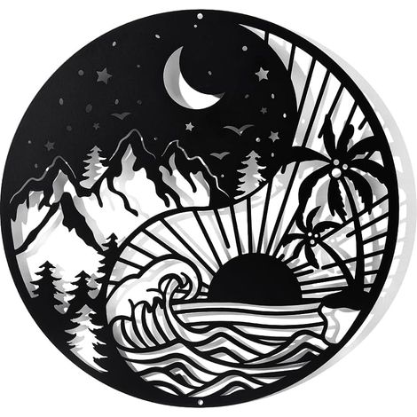 Décoration Murale en Métal, 30cm Lune Soleil et Étoiles Décoration Murale Arbre de Vie Décor Murale Forêt Arbres et Montagnes Silhouette (1/5)