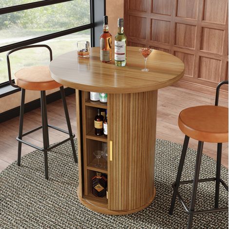 REDOM - Tavolo bar rotondo - 60x60x91.6 cm - con vano portaoggetti a 4 ripiani - porta scorrevole - MDF e metallo - legno (1/4)