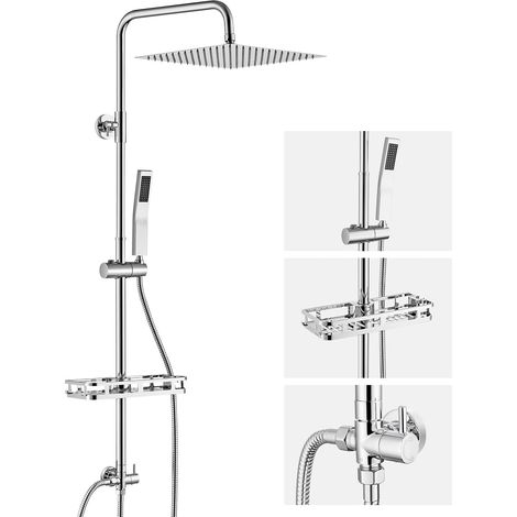 Colonne de Douche Sans Mitigeur 12 Pouces Pommeau Carré Inox-Barre Coulissante 68-108cm Réglable-Douchette-Flexible Anti-Torsade 1,5m - Étagère Sans Perçage Baignoire et Salle de Bain-Chromé (1/5)
