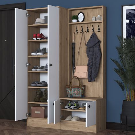 Garderobenschrank Osilo, 9 Regale, Kleiderhaken, 4 Türen, 120x38x183h cm Weiß (1/5)
