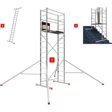 AluCombine 4.0 - 500, Arbeitshöhe 5m, Leiterngerüst, Traverse mit 2x Bockrollen (Ø80mm) & Dreieckausleger