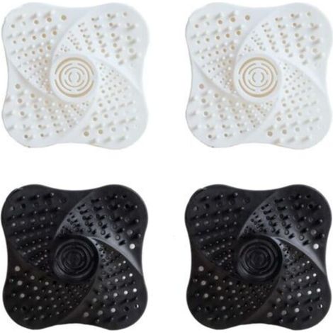 Set aus 4 Silikon-Spülsieben, Dusch-Haarsieb, Abflussschutz, Haarfänger mit Saugnapf, Verstopfungsschutz für Dusche, Abfluss, Badewanne und Spülbecken, Weiß Schwarz