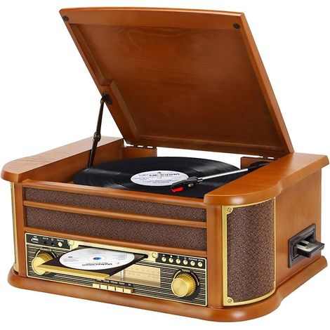 Record Player 3 Speed Kabelloser Bluetooth Vinyl Plattenspieler mit AM/FM Radio Phonograph mit 3, 5mm Kopfhörerbuchse, CD/Kassette, AUX-in/RCA-Ausgang, USB Wiedergabe Braun