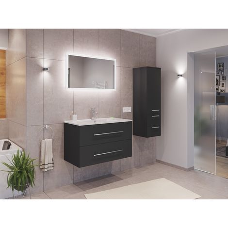 Badmöbel Set Firenze 90 3tlg. LED Spiegel und Seitenschrank grafit