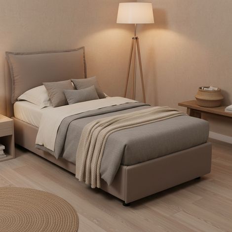 Talamo Italia Letto singolo Gemma, Letto contenitore con rivestimento in tessuto, 100% Made in Italy, Apertura frontale, adatto per materasso Cm 80x200, Tortora, con imballo rinforzato (1/5)