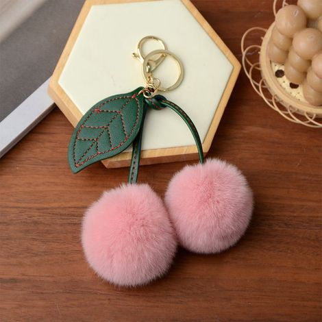 Pendentif Cerise - Imitation Poil De Lapin - Pour Rétroviseur Automobile / Sac / Porte-Clés - 15 x 12 x 6 cm - Rose - 3 Pièces (1/5)